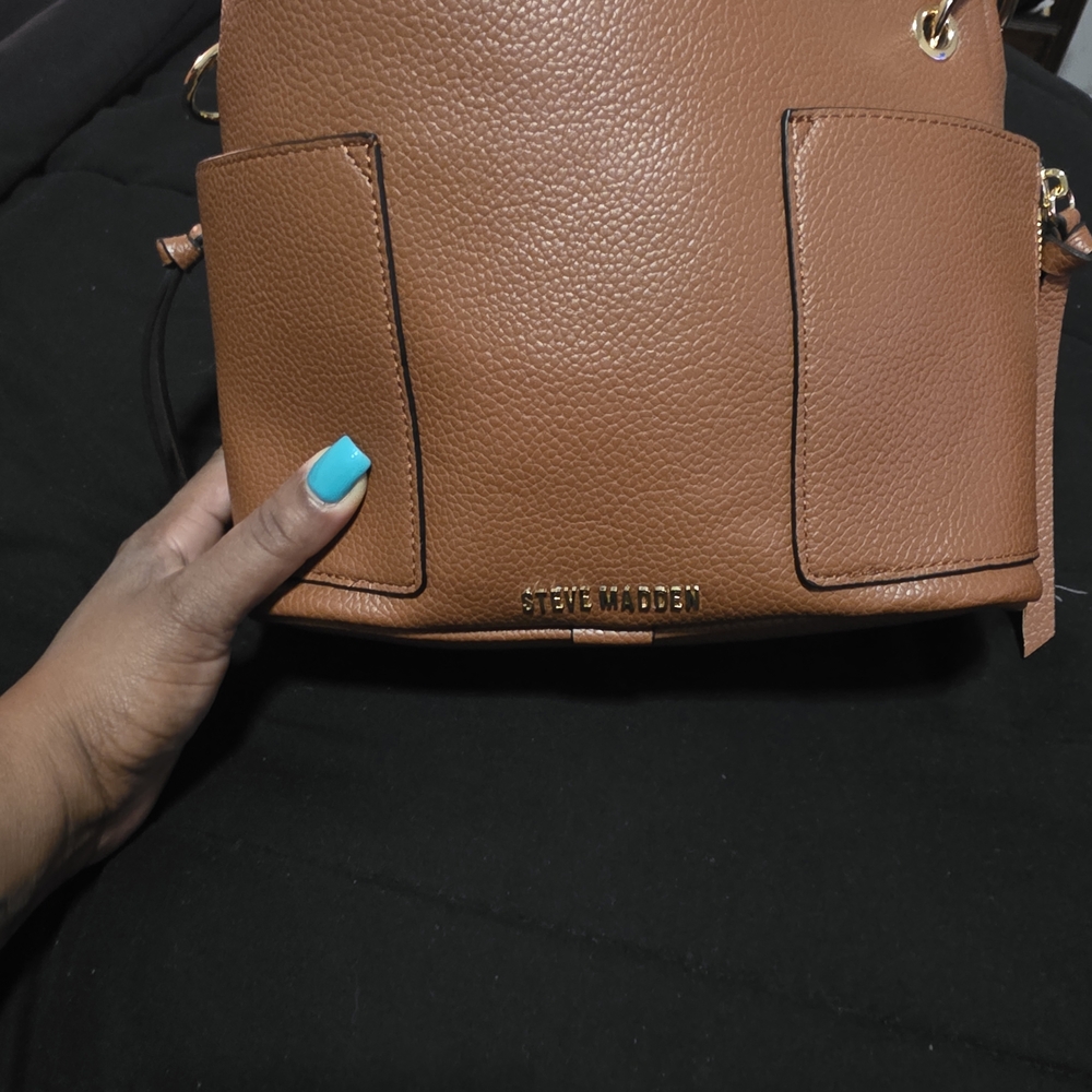 Steve Madden Tan Pebbled Leather Shoulder Bag with Front Pockets
